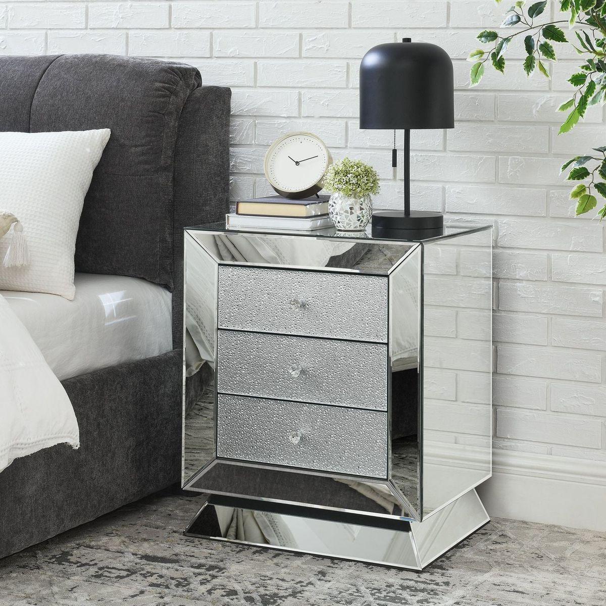 Classic bedroom elegant bedside table, 1 piece of 3 drawer mirrored bedside table