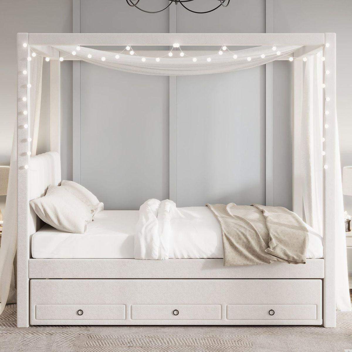 Full Size Upholstery Canopy Platform Bed with Trundle and Three Storage Drawers, Beige - Streamdale Furniture