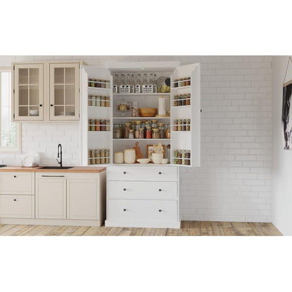 [Assembly Video Provided]77inch Farmhouse Kitchen Pantry, Freestanding Tall Cupboard Storage Cabinet with 3 Adjustable Shelves, 8 Door Shelves, 3 Drawers for Kitchen, Dining Room, White