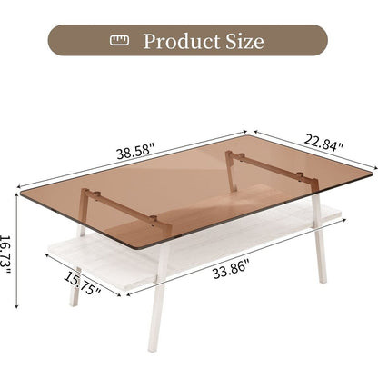 Rectangle Coffee Table, Tempered Glass Tabletop with White Metal Legs, Modern Table for Living Room, Brown Glass