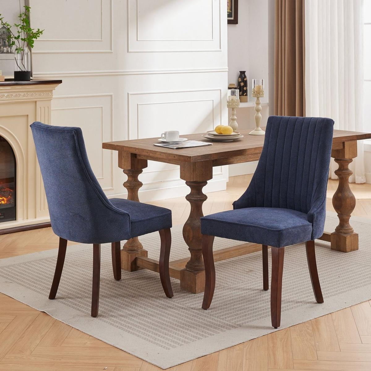 Rayon Cloth Flocking Linen Dining Chairs Channel Kitchen Dinner Chair Comfy Fabric Upholstered Accent Chair for Dining Room with Curved Solid Wood Legs,Set of 2 (Blue) - Streamdale Furniture