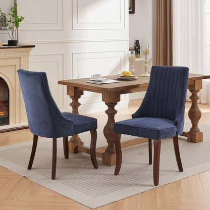 Rayon Cloth Flocking Linen Dining Chairs Channel Kitchen Dinner Chair Comfy Fabric Upholstered Accent Chair for Dining Room with Curved Solid Wood Legs,Set of 2 (Blue) - Streamdale Furniture