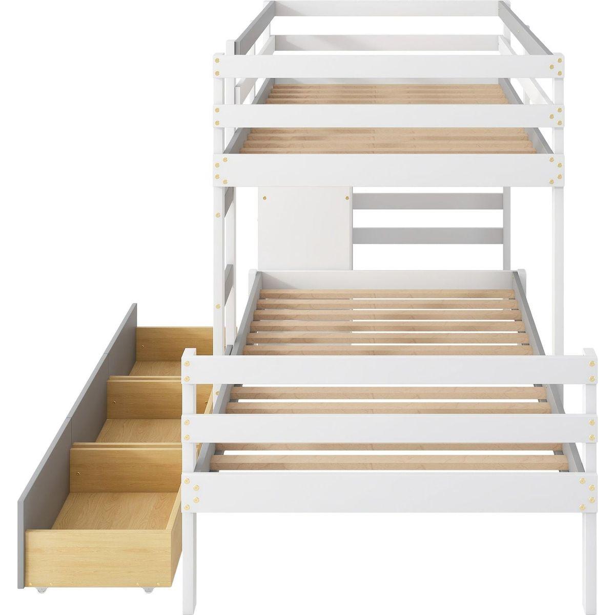 Twin over Twin Loft Bunk Bed with Drawers and Ladder, Gray