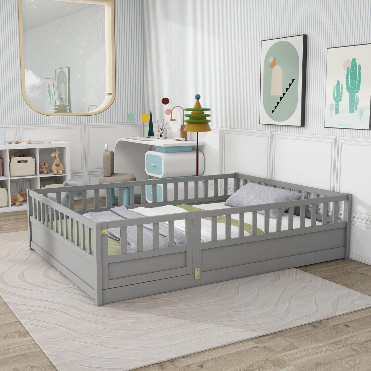 Full size Floor bed, integral construction with super high security barrier, door, children's floor bed frame, Montessori wooden children's floor bed, Grey