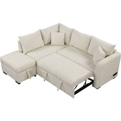 82.6" L-shaped Sectional Pull Out Sofa Bed Sleeper Sofa with Two USB Ports, Two Power Sockets and a Movable Storage Ottoman, Beige