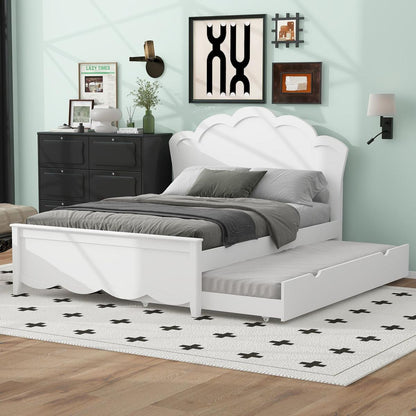 Full Size Wood Platform Bed with Headboard and Twin Size Trundle, White - Streamdale Furniture
