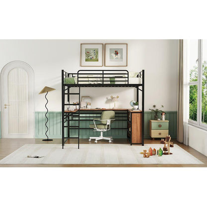Full Size Metal Loft Bed with 3 Layers of Shelves and L-shaped Desk, Black