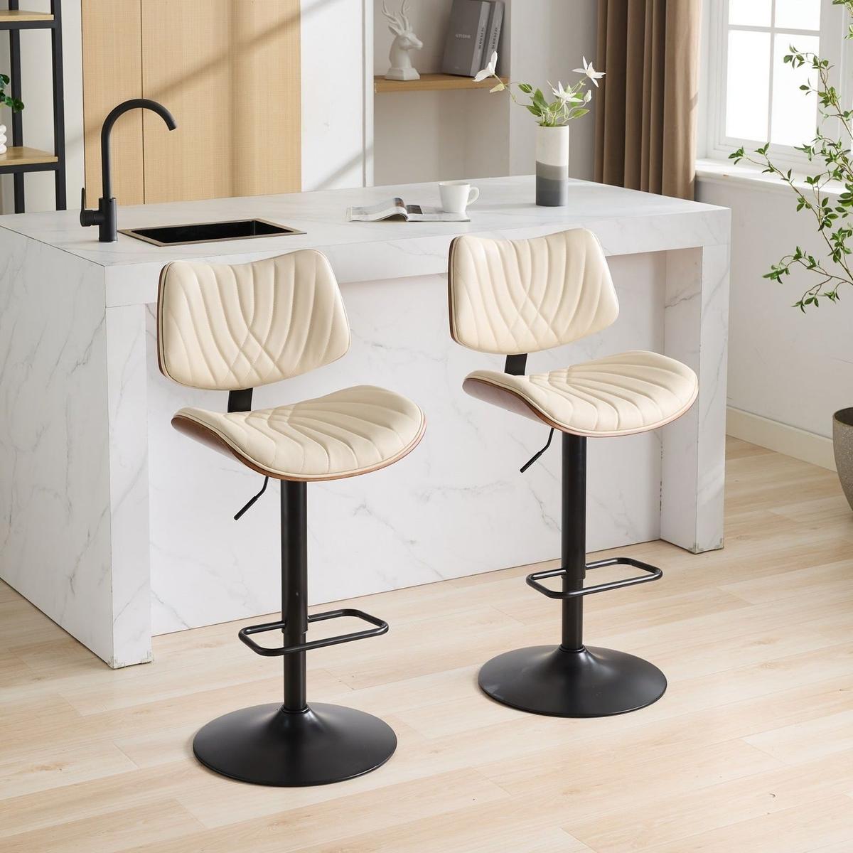 Walnut Bentwood Bar Stools Mid Century Modern Adjustable Counter Height Black Leather Upholstered 360Swivel Bar Chairs for Kitchen Island/Dining Room/Cafe, 1 chair/1carton,Beige