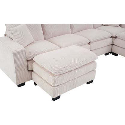 Modern U Shaped 6-seat Sectional Sofa Couch with one Ottoman and three toss pillows, Modular Sofa for Living Room,Corduroy sofa