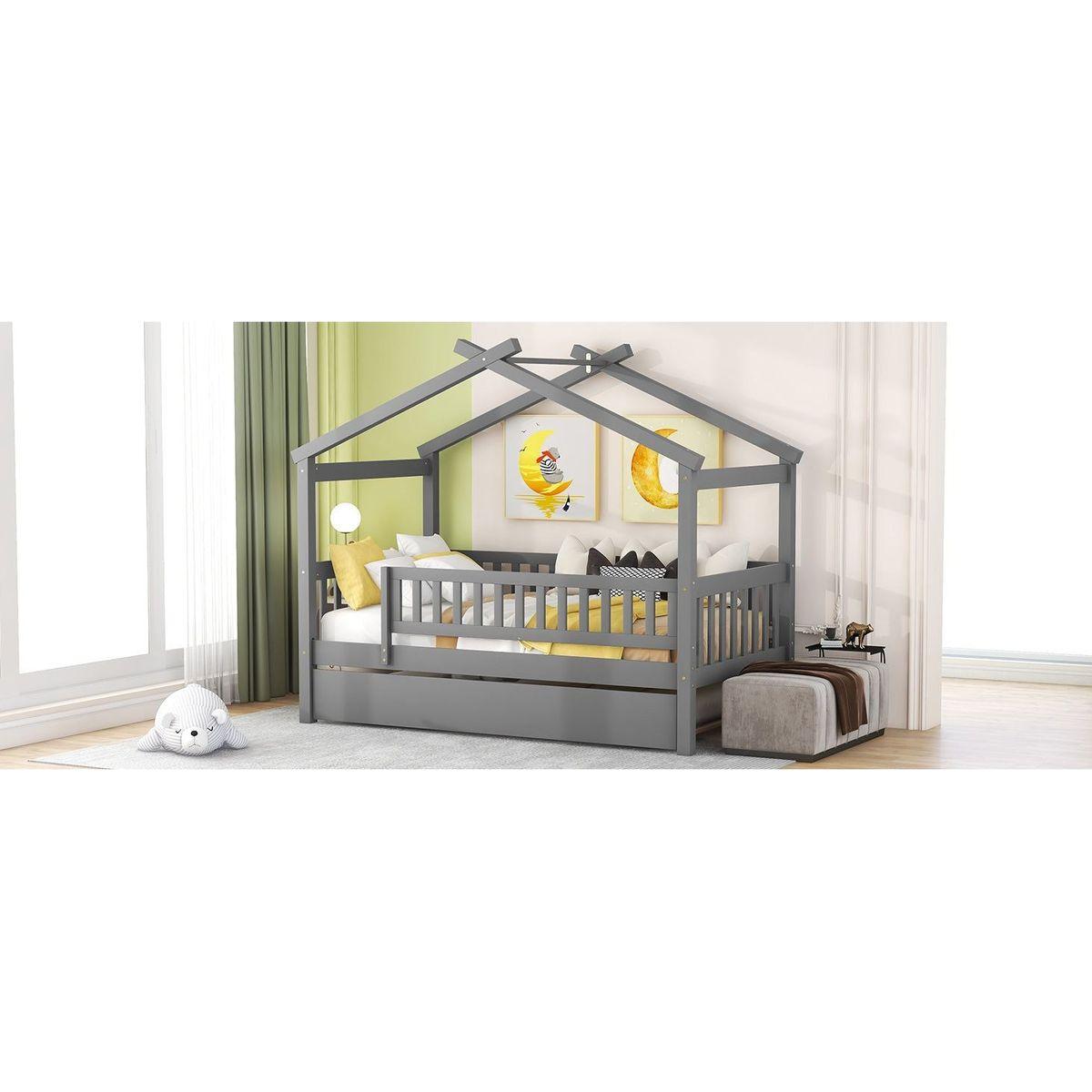 Twin Size Wooden House Bed with Twin Size Trundle, Gray