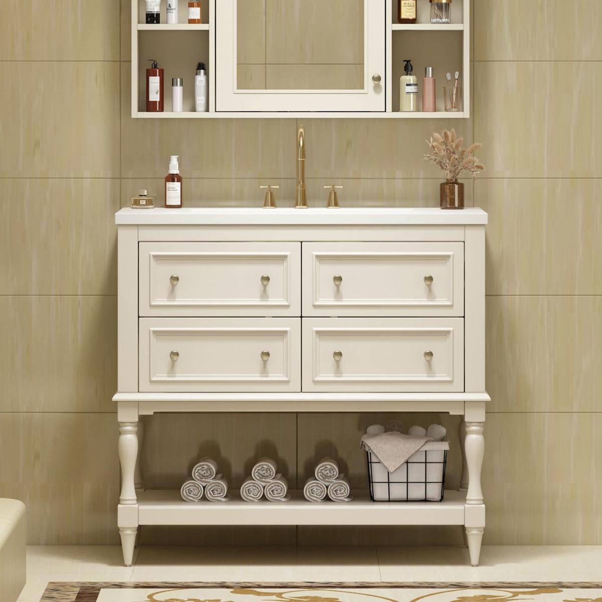 36" Bathroom Vanity Cabinet with Sink Combo Set, Undermount Resin Sink, Free Standing Vanity Set with 4 Drawers, Solid Wood Frame Bathroom Cabinet, Beige