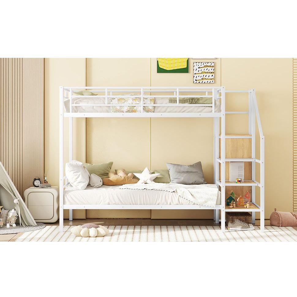Twin Over Twin Metal Bunk Bed with Lateral Storage Ladder and Wardrobe, White