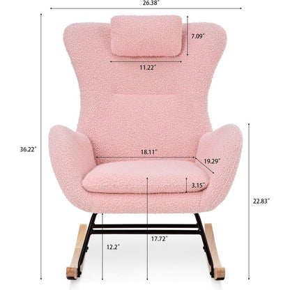 Rocking Chair Nursery, Teddy Upholstered Rocker Glider Chair with High Backrest, Adjustable Headrest & Pocket, Comfy Glider Chair for Nursery, Bedroom, Living Room, Offices, Rubber wood, pink
