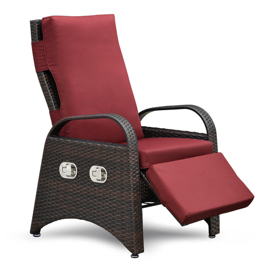 Outdoor Recliner Chair,2 Buckle Adjustment Mechanism Reclining Lounge Chair and Removable Soft Cushion, with Modern Armchair and Ergonomic for Home, Sunbathing or Relaxation (Brown + Red)