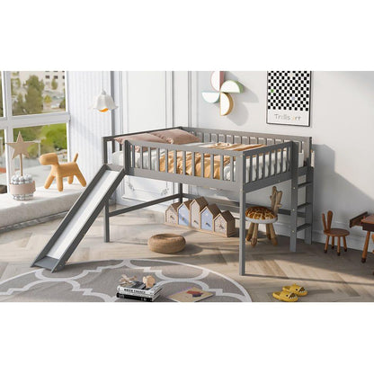 Full Size Low Loft Bed with Ladder and Slide,Gray