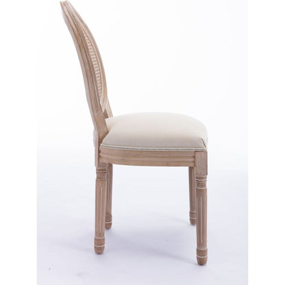 French Style Solid Wood Frame Antique Painting Linen Fabric Rattan Back Dining Chair,Set of 2,Cream