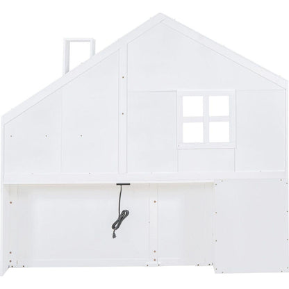 Twin Size House Bed with Window and Bedside Drawers, Platform Bed with Shelves and a set of Sockets and USB Port, White