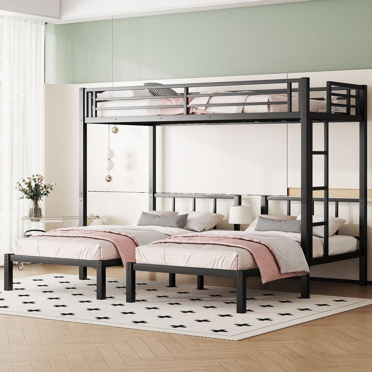 Twin over Twin & Twin Bunk Beds for 3, Twin XL over Twin & Twin Bunk Bed Metal Triple Bunk Bed, Black