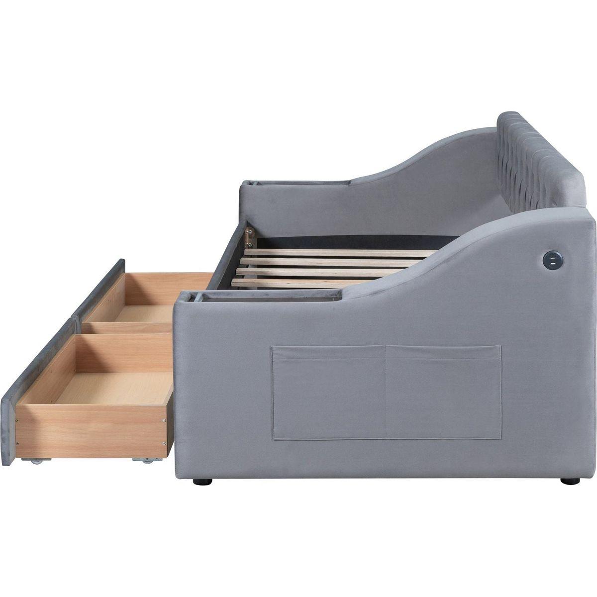 Twin Size Upholstered Daybed with Storage Armrests and USB Port, Gray