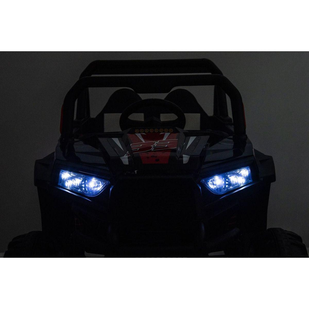 12v7ax2 30wx4 Four-wheel drive leather seat one button start,forward and backward, high and low speed, music, front light, power display, two doors can open, 2.4G R/C, seat belt four wheel absorber