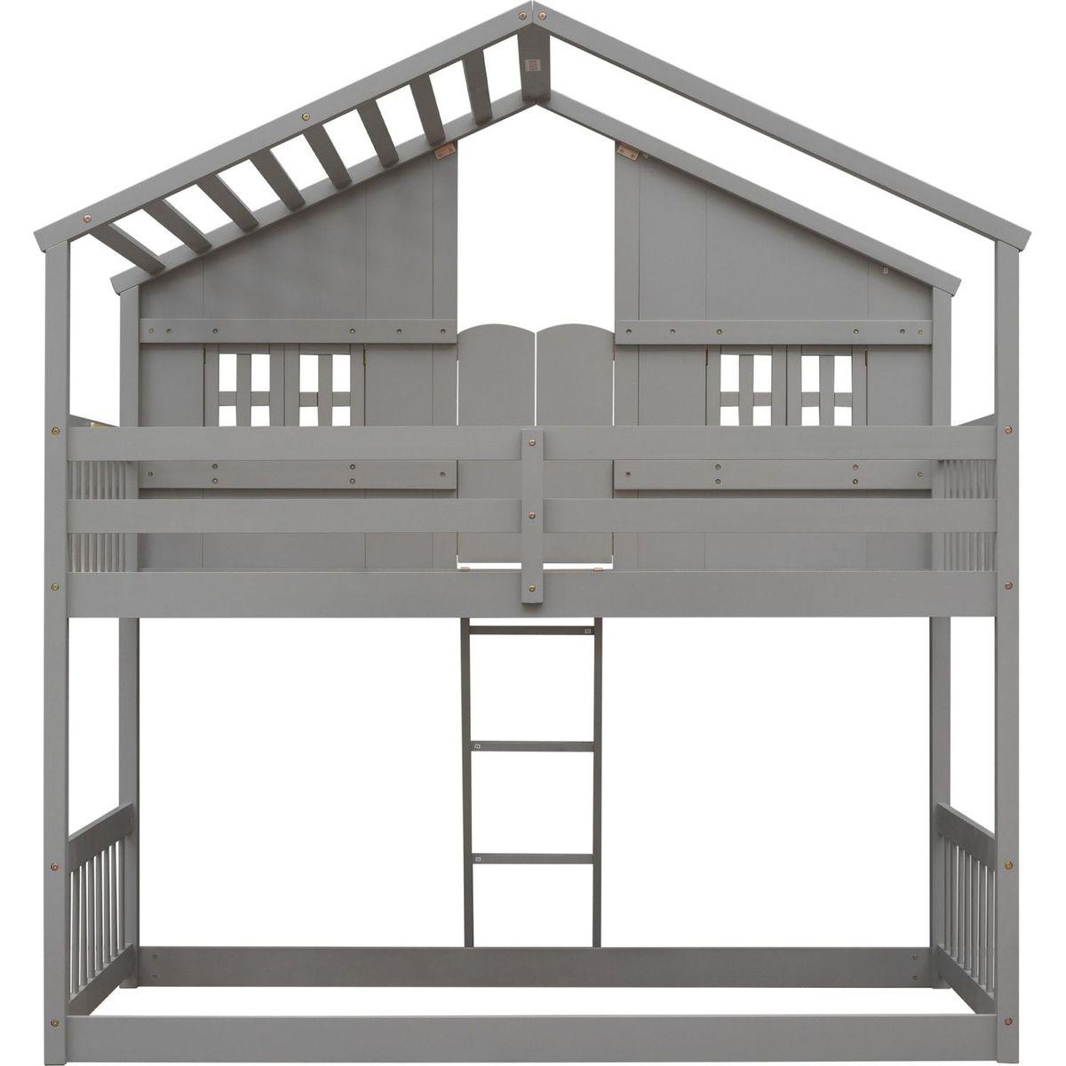 Twin over Twin House Bunk Bed with Roof, Window, Window Box, Door, with Safety Guardrails and Ladder, Grey