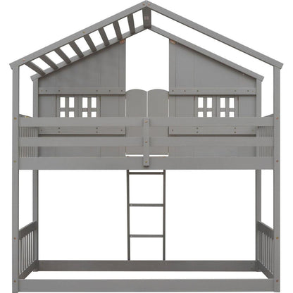 Twin over Twin House Bunk Bed with Roof, Window, Window Box, Door, with Safety Guardrails and Ladder, Grey