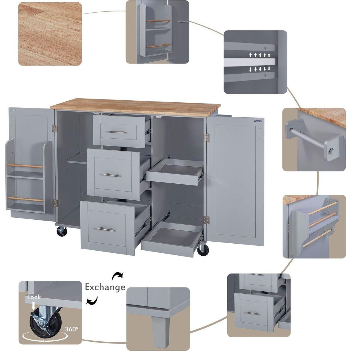 Rolling Kitchen Island with Storage, Kitchen Cart with Rubber Wood Top, 3 Drawer, 2 Slide-Out Shelf and Internal Storage Rack, Kitchen Island on Wheels with Spice Rack & Tower Rack, Grey Blue
