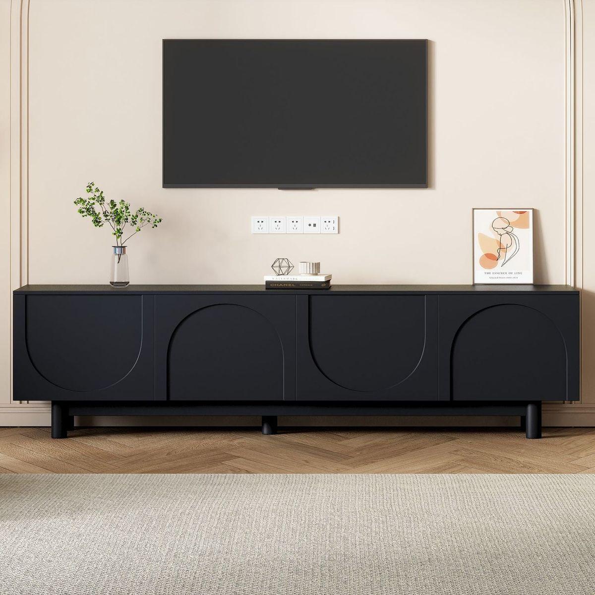 Graceful TV Stand with Arch Cabinets for TVs Up to 78", Minimalist Entertainment Center with Solid Wood Legs, Practical Media Console with Adjustable Shelves for Living Room, Black