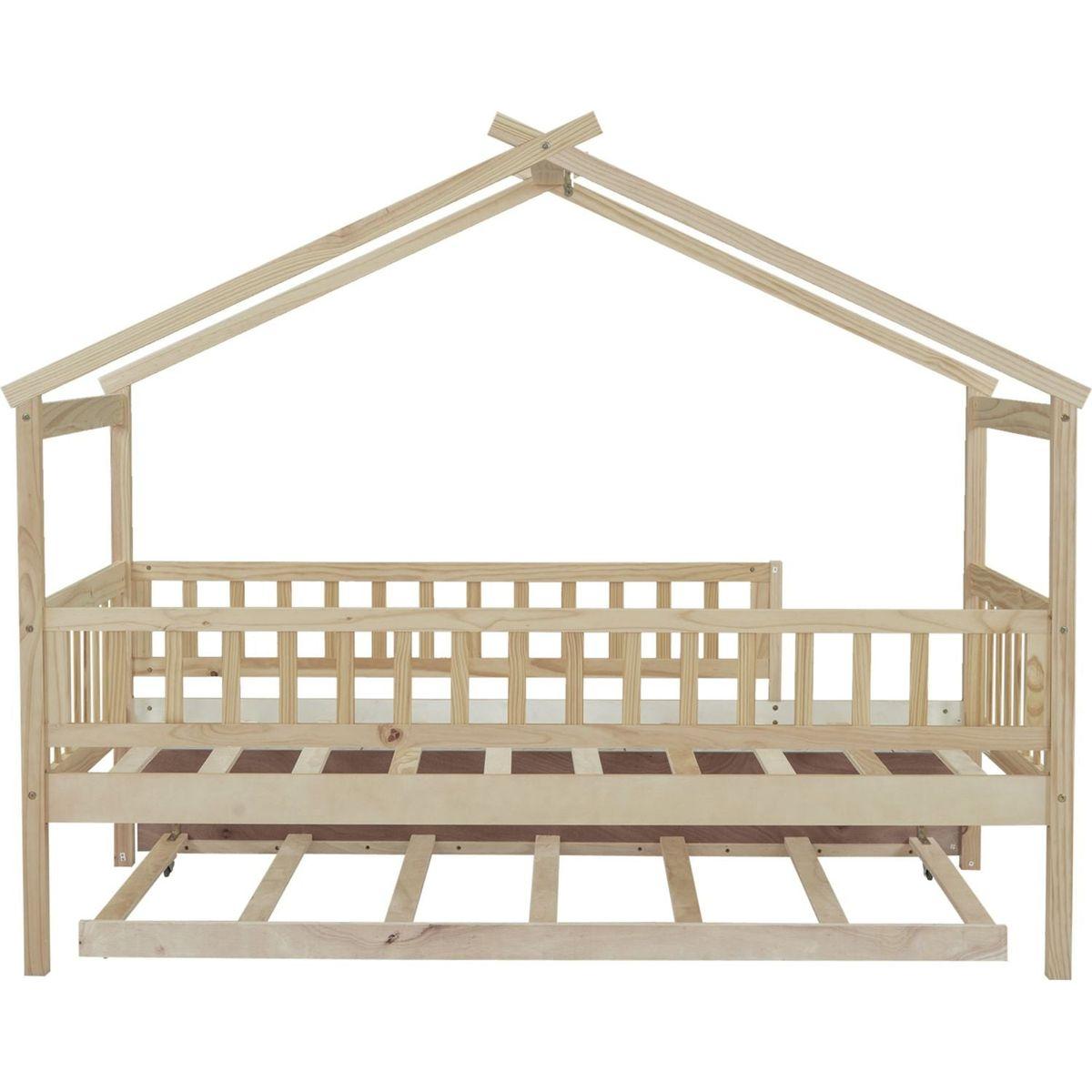 Twin Size Wooden House Bed with Twin Size Trundle, Natural