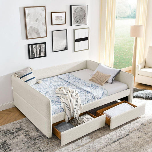 Daybed with Trundle Upholstered Tufted Sofa Bed, with Two Drawers, Queen Size, Boucle Fabric, Beige(88"x65.5"x29.5")