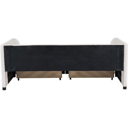 Twin Size Upholstered Daybed with Ergonomic Design Backrest and 2 Drawers, Beige