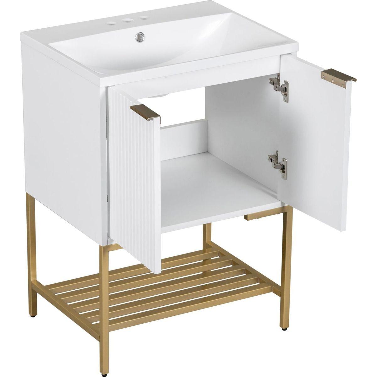 24" Bathroom Vanity with Sink, Bathroom Vanity Cabinet with Two Doors and Gold Metal Frame, Open Storage Shelf, White