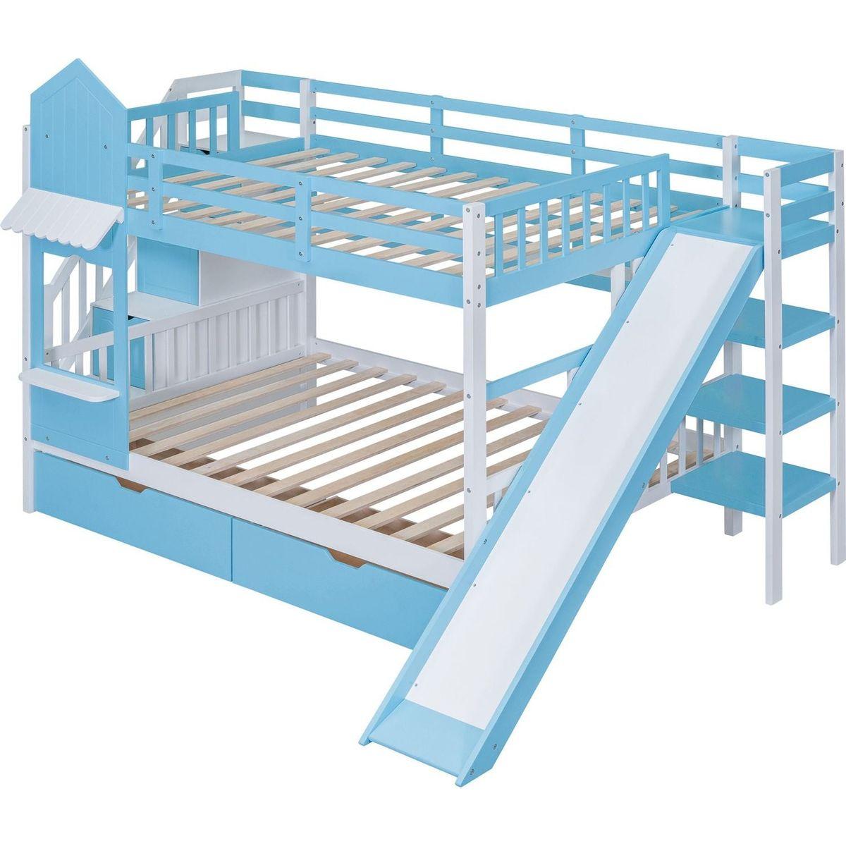 Full-Over-Full Castle Style Bunk Bed with 2 Drawers 3 Shelves and Slide - Blue