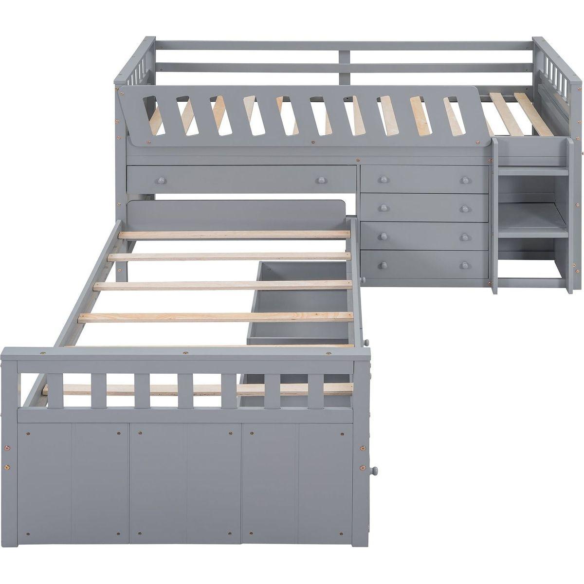 L-shaped Space-Saving Twin Loft and Twin Platform Bed with 7 Drawers and Full Guardrails(GRAY)