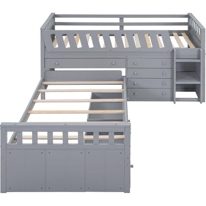 L-shaped Space-Saving Twin Loft and Twin Platform Bed with 7 Drawers and Full Guardrails(GRAY)