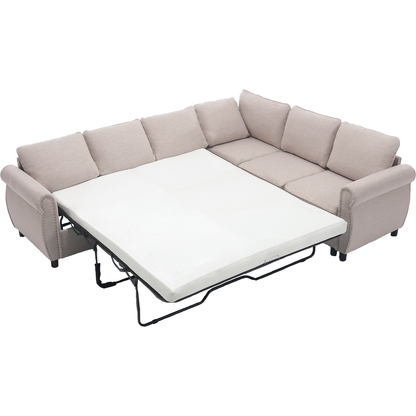 Sleeper Sofa, 2 in 1 Pull Out Couch Bed,6 seater sofa bed, L Shaped Sleeper Sectional Sofa Couch,Riveted sofa,104" Large combined sofa Bed in living room, Beige