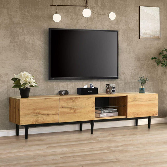 Modern TV Stand with 4 Cabinets& Open Shelves, Color-matching Media Console Table for TVs up to 80" with LED Light, Entertainment Center with Drop Down Door for Living Room, Bedroom, Home Theatre