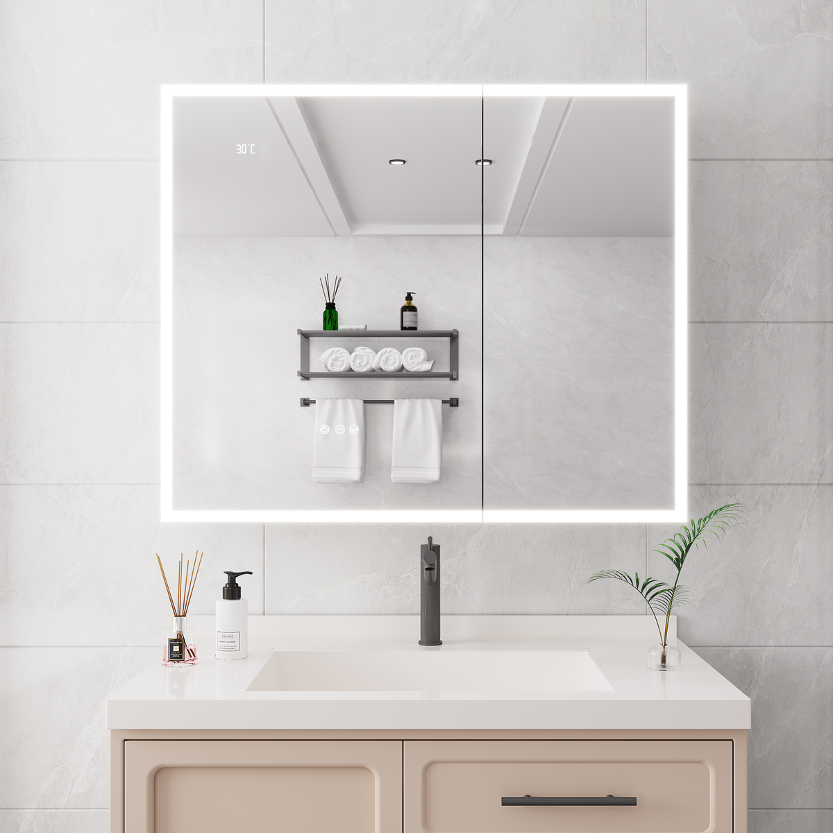 Bathroom Medicine Cabinet with Lights, 36卢脜30 Inch LED Medicine Cabinet with Mirror, Double Door Lighted Medicine Cabinet with Defogger, Dimmer, Clock & Temp Display, 2 Outlets & USB Ports