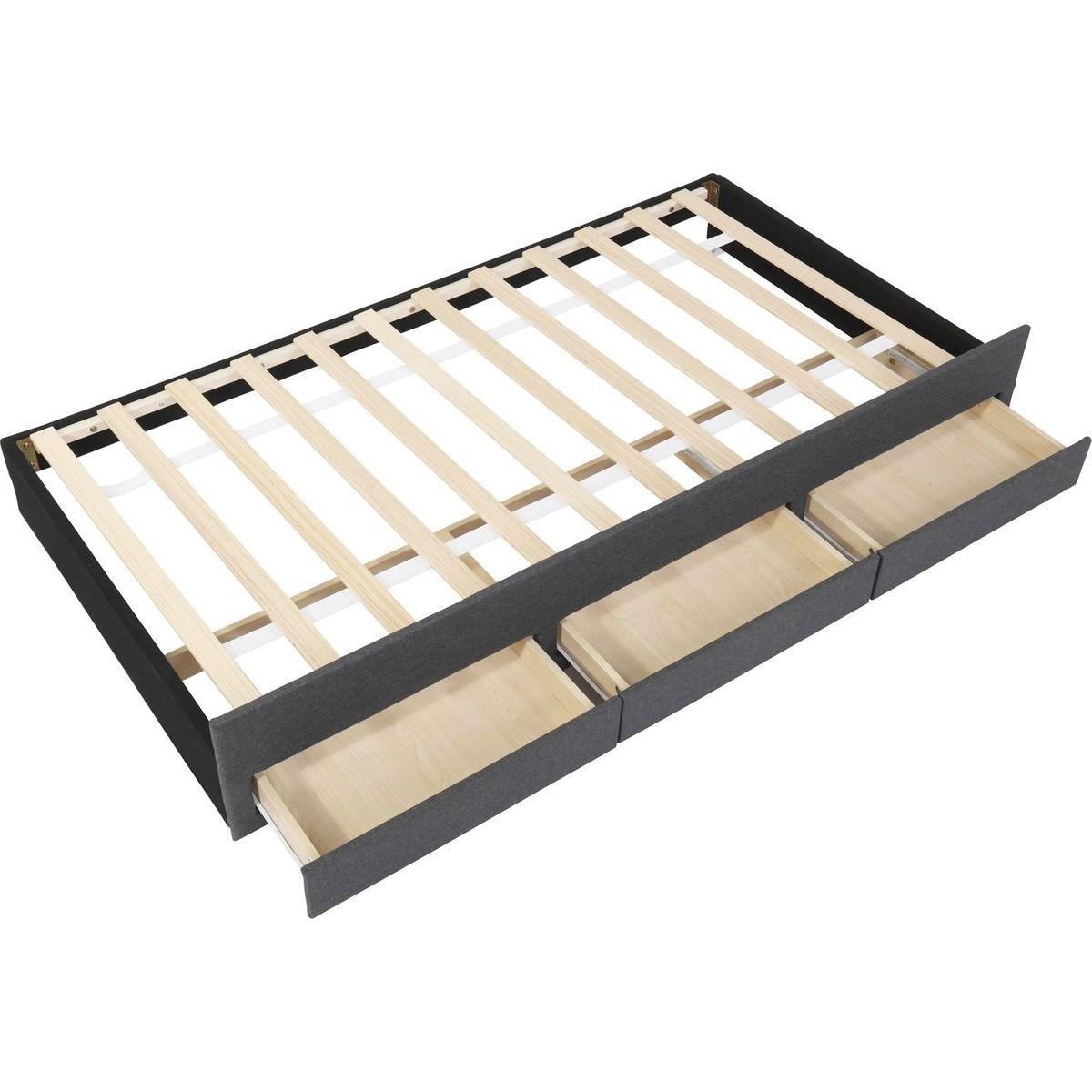 Twin Size Upholstered Platform Bed with Trundle and 3 Drawers, Linen Fabric, Gray