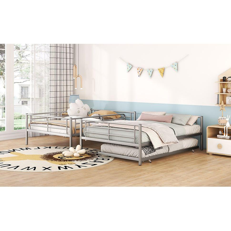 Full Over Full Metal Bunk Bed with Trundle, Silver