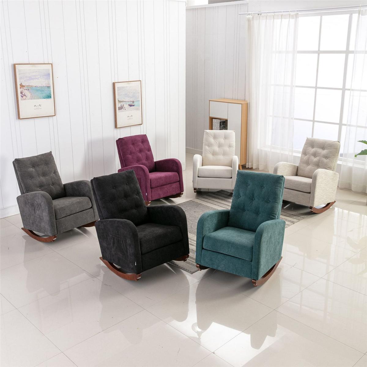 High Back Rocking Chair Nursery Chair .Comfortable Rocker Fabric Padded Seat .Modern High Back Armchair