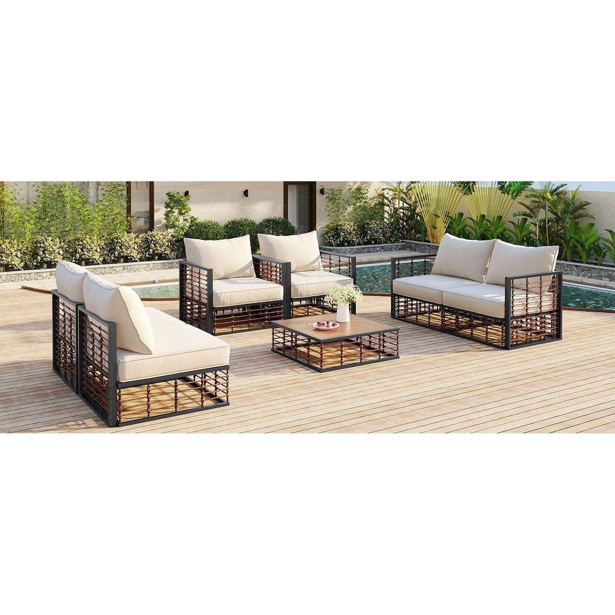 Modern Minimalist 7-Piece Metal Patio Sectional Sofa Set, All-Weather Garden Conversational Furniture Set with Thick Cushions and Coffee Table for Indoor Outdoor, Gray