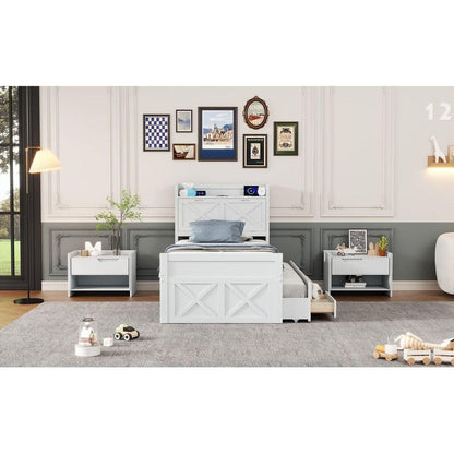 Twin Size Wooden Bed with Storage Headboard with Outlets, Extendable Bed with Twin Size Trundle with Three Storage Drawers,White
