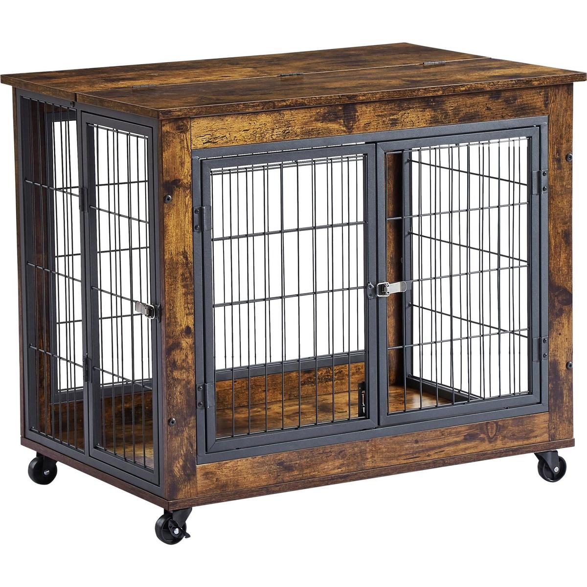 Furniture Style Dog Crate Side Table on Wheels with Double Doors and Lift Top. Grey, 31.50" W x 22.05" D x 25" H.