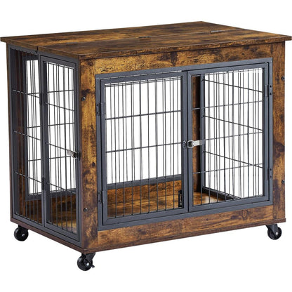 Furniture Style Dog Crate Side Table on Wheels with Double Doors and Lift Top. Grey, 31.50" W x 22.05" D x 25" H.