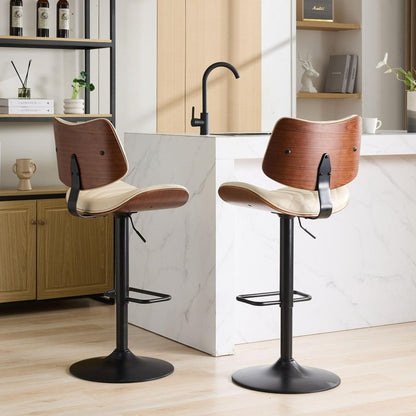 Walnut Bentwood Bar Stools Mid Century Modern Adjustable Counter Height Black Leather Upholstered 360Swivel Bar Chairs for Kitchen Island/Dining Room/Cafe, 1 chair/1carton,Beige