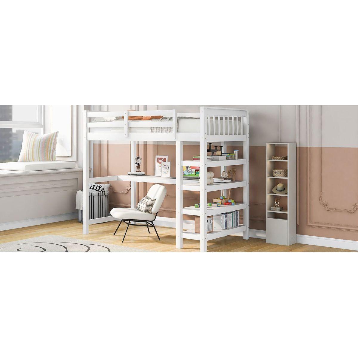 Twin Size Loft Bed with Storage Shelves and Under-bed Desk, White