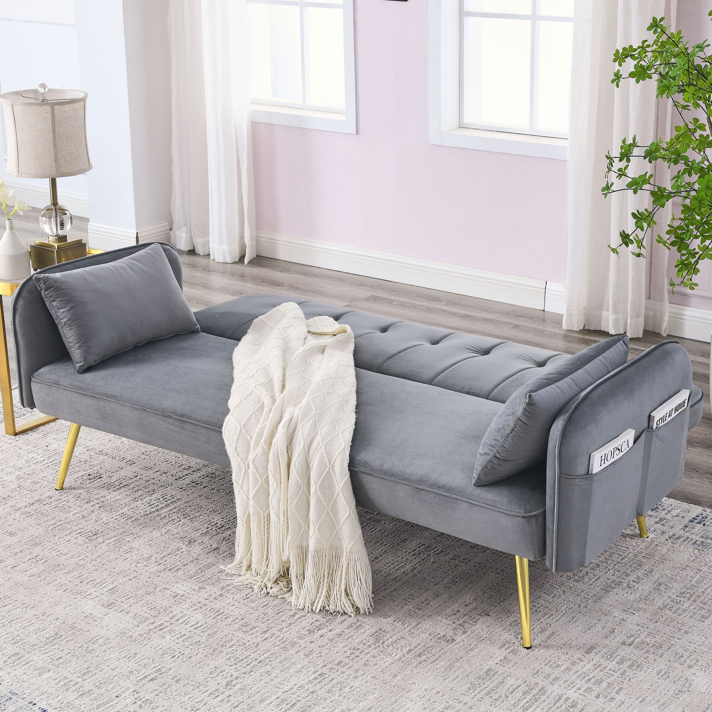 72.5" Convertible Sofa Bed, Adjustable Velvet Sofa Bed - Velvet Folding Lounge Recliner - Reversible Daybed - Ideal for Bedroom with Two Pillows and Center Legs