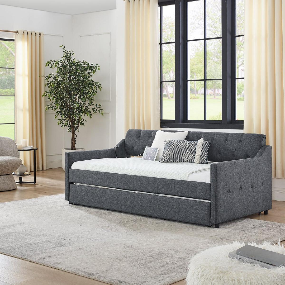 Twin Size Upholstery DayBed with Twin Size Erectable Trundle and USB Charging Design, Linen Dark Gray