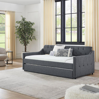 Twin Size Upholstery DayBed with Twin Size Erectable Trundle and USB Charging Design, Linen Dark Gray